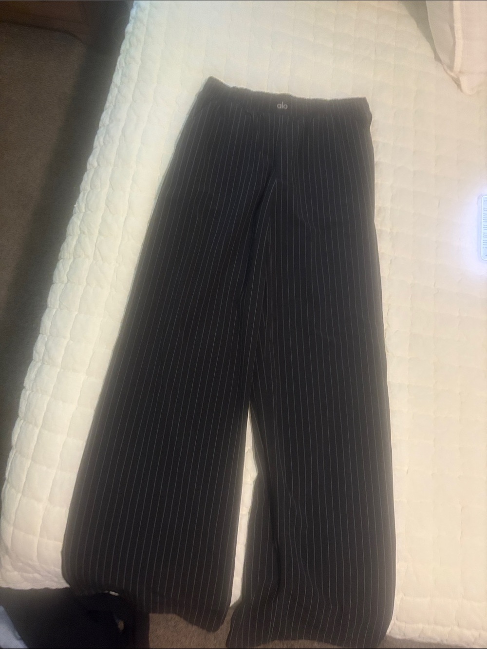 ALO Yoga Women’s Black Pinstripe Wide-Leg suit up trouser